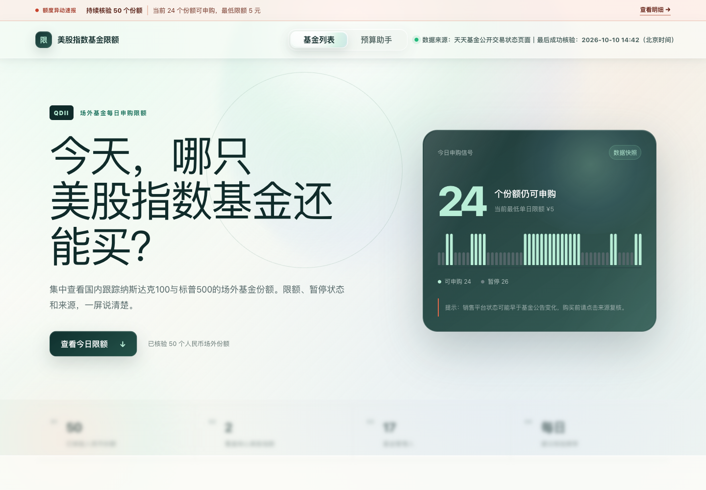 美股指数基金限额查询网站的真实首页，展示基金查询入口与申购状态。